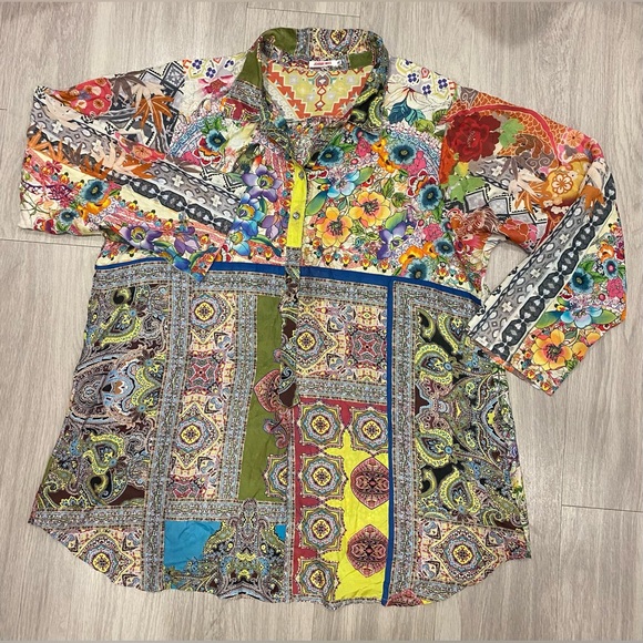 Johnny Was Blouse Top Women Size XL Silk Floral Button Down Boho Chic